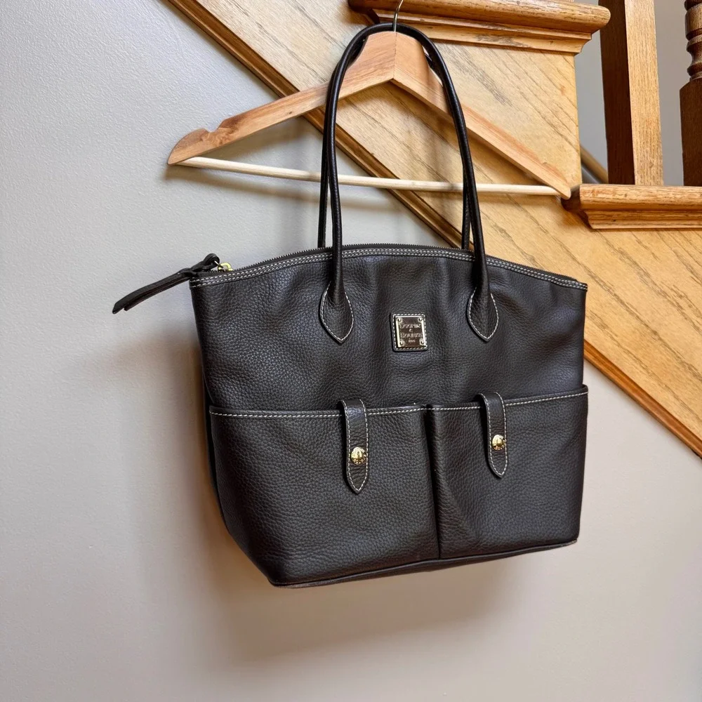 Dooney & Bourke Dark Brown Black Pebble Grain Leather Tote Bag Gold Hardware Med